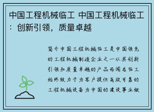 中国工程机械临工 中国工程机械临工：创新引领，质量卓越