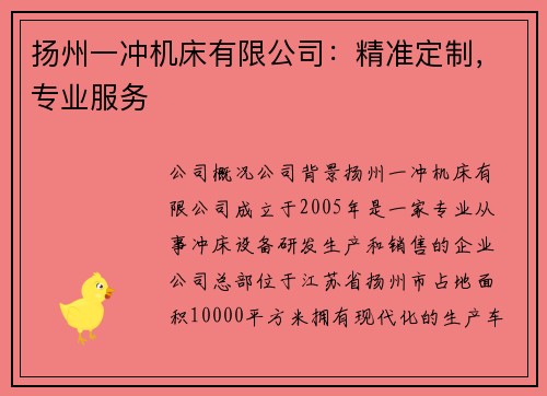 扬州一冲机床有限公司：精准定制，专业服务