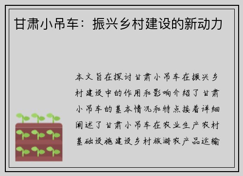 甘肃小吊车：振兴乡村建设的新动力